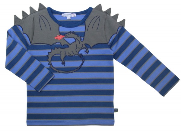 Streifenshirt mit Drachenapplikation - langarm - tintenblau/himmelblau