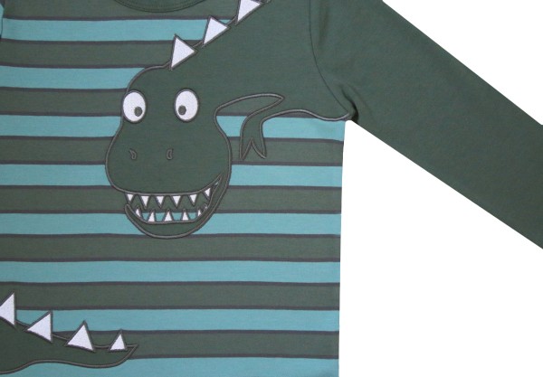Streifenshirt mit Dinoapplikation - langarm - waldgrün/ozean