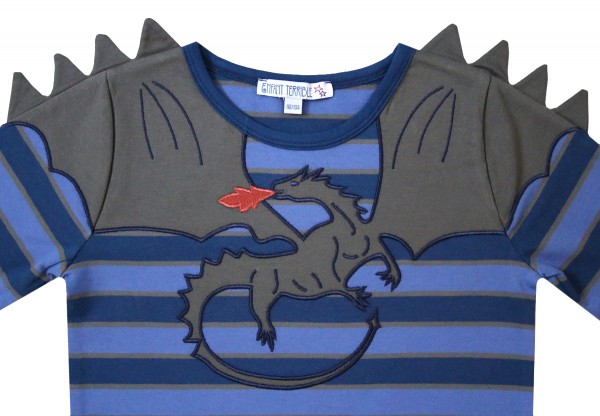 Streifenshirt mit Drachenapplikation - langarm - tintenblau/himmelblau