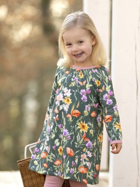 Sweatkleid mit Blumendruck - langarm - waldgrün/ocker