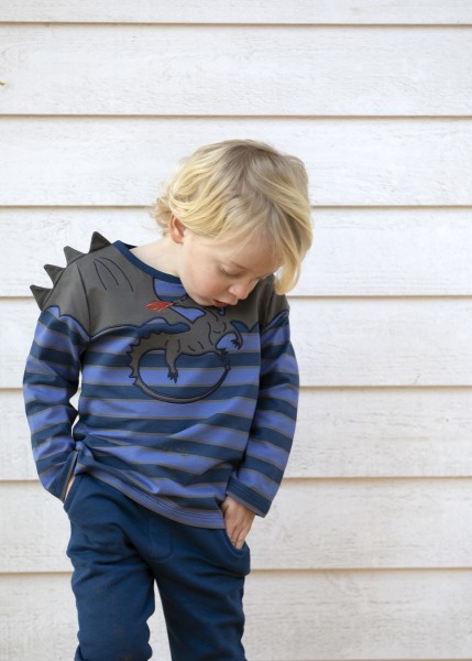 Streifenshirt mit Drachenapplikation - langarm - tintenblau/himmelblau