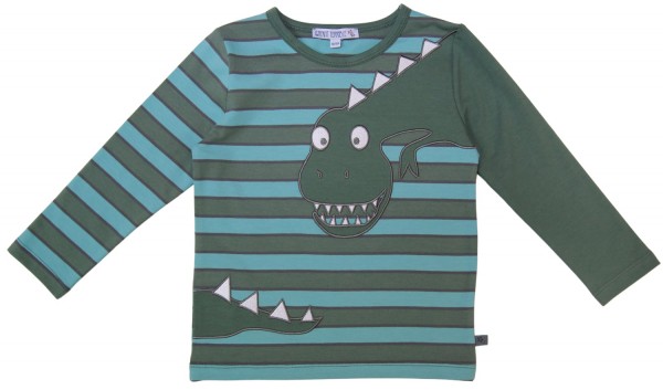 Streifenshirt mit Dinoapplikation - langarm - waldgrün/ozean