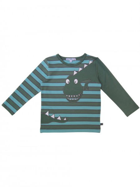 Streifenshirt mit Dinoapplikation - langarm - waldgrün/ozean